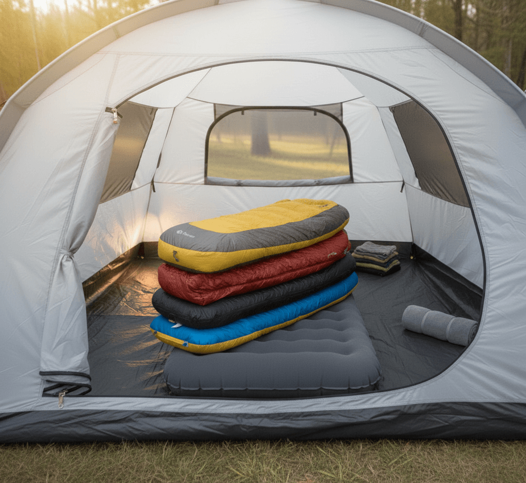 A person zipped up warmly in a down sleeping bag.