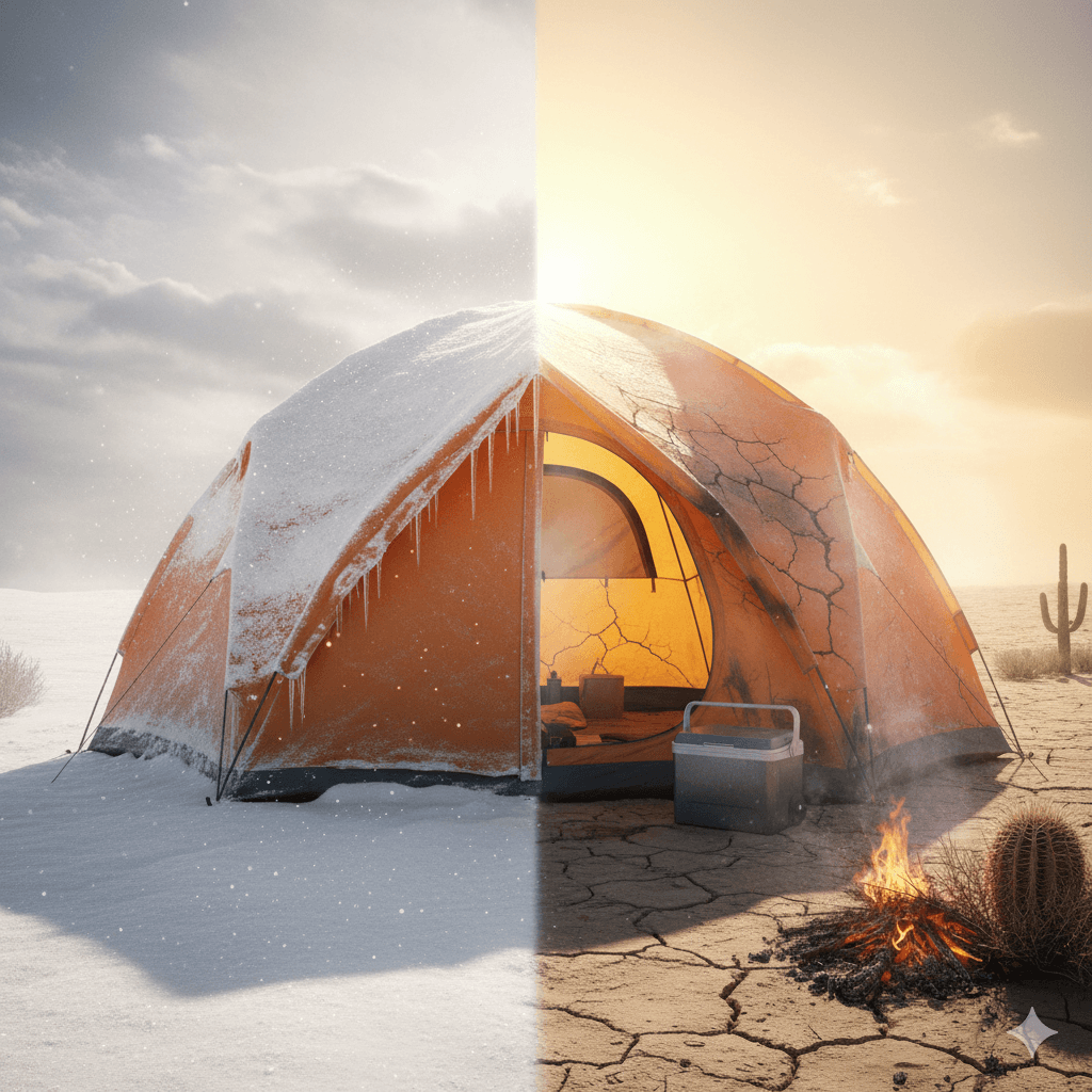 A tent pitched in a beautiful field with both sun and clouds, representing UK weather.