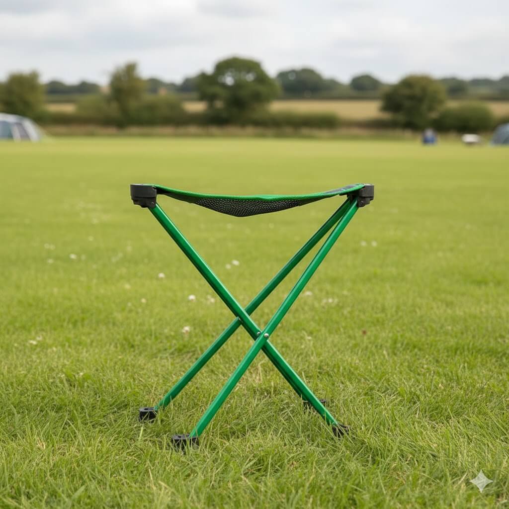A simple, three-legged tripod stool for camping.