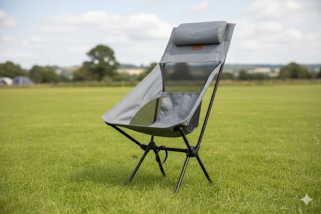 A classic folding camping chair with a cup holder.