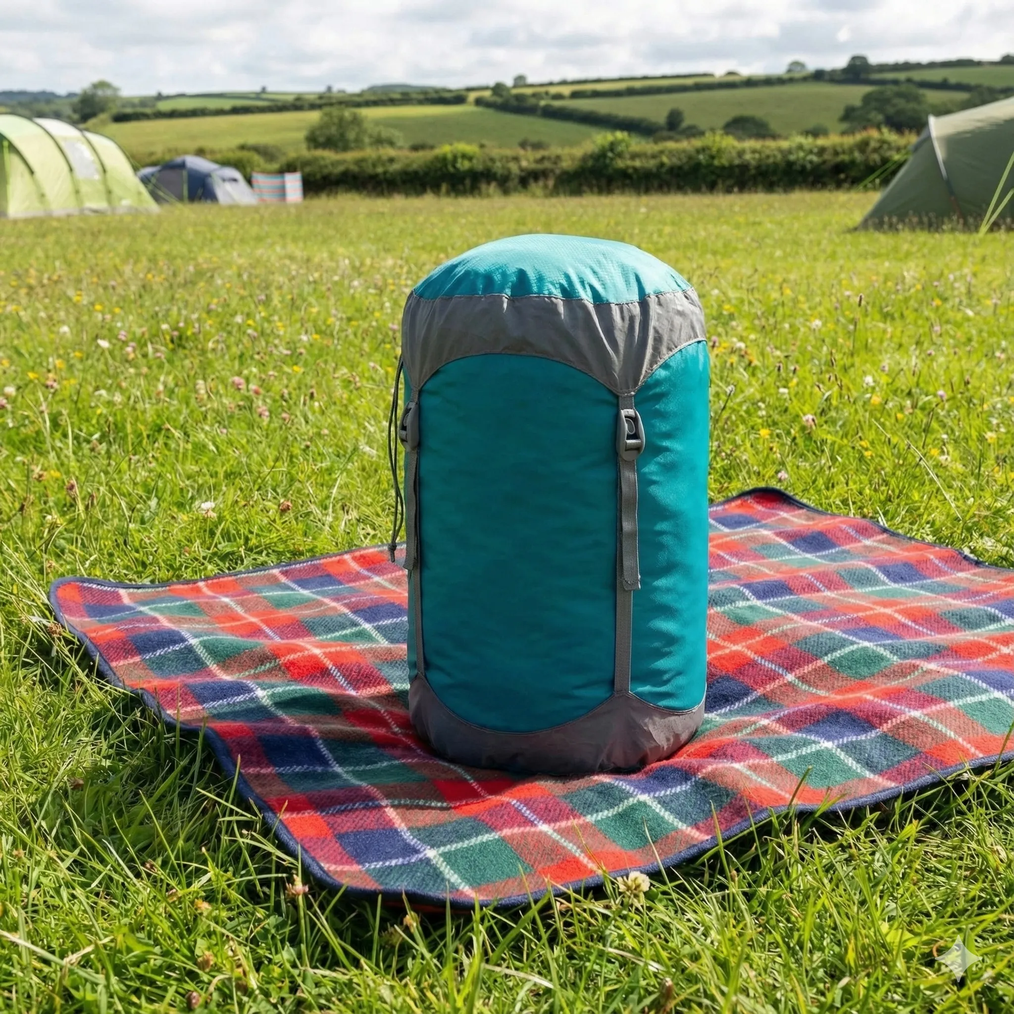 A sleeping bag being compressed down inside a compression dry sack.