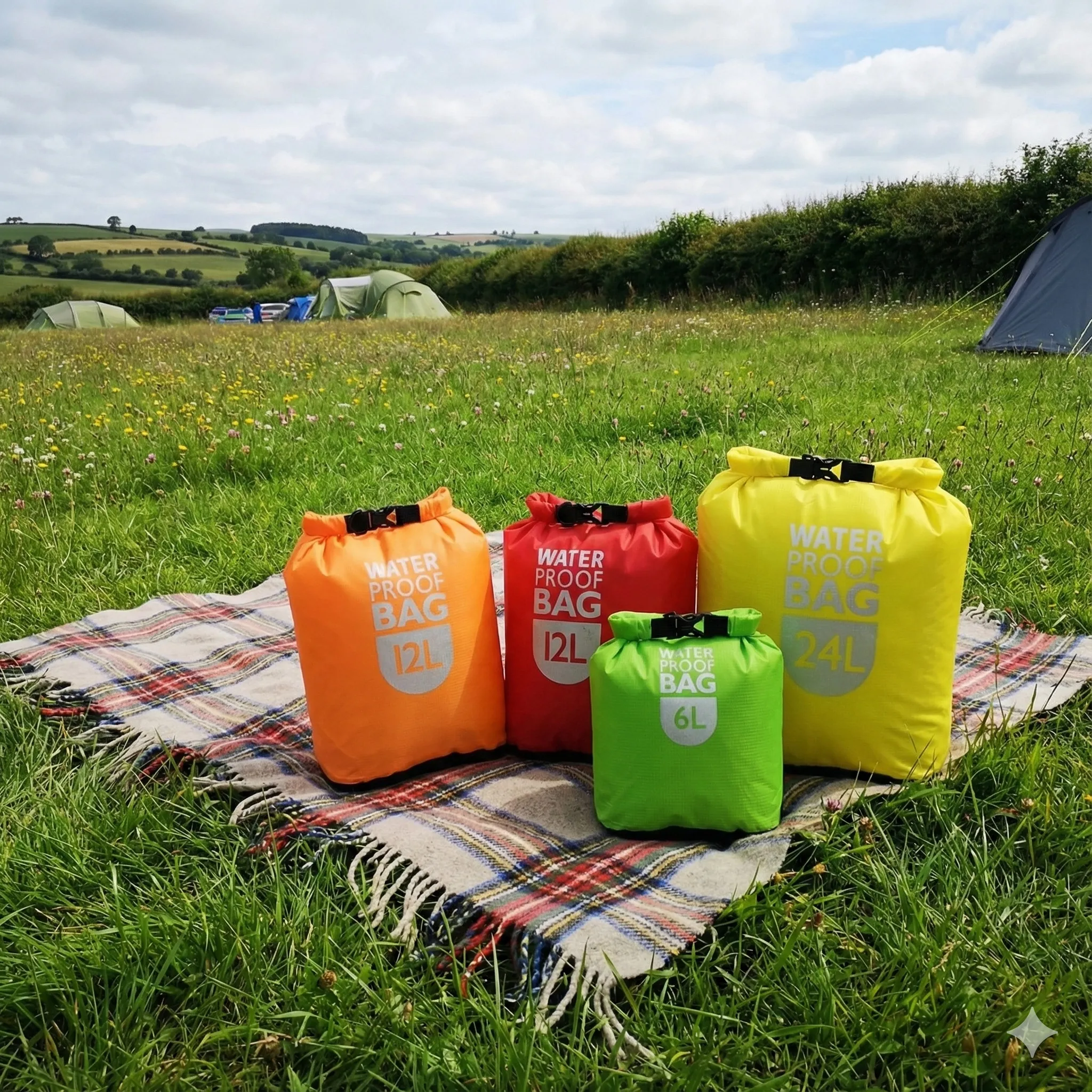 A set of three different sized, colourful dry bags.