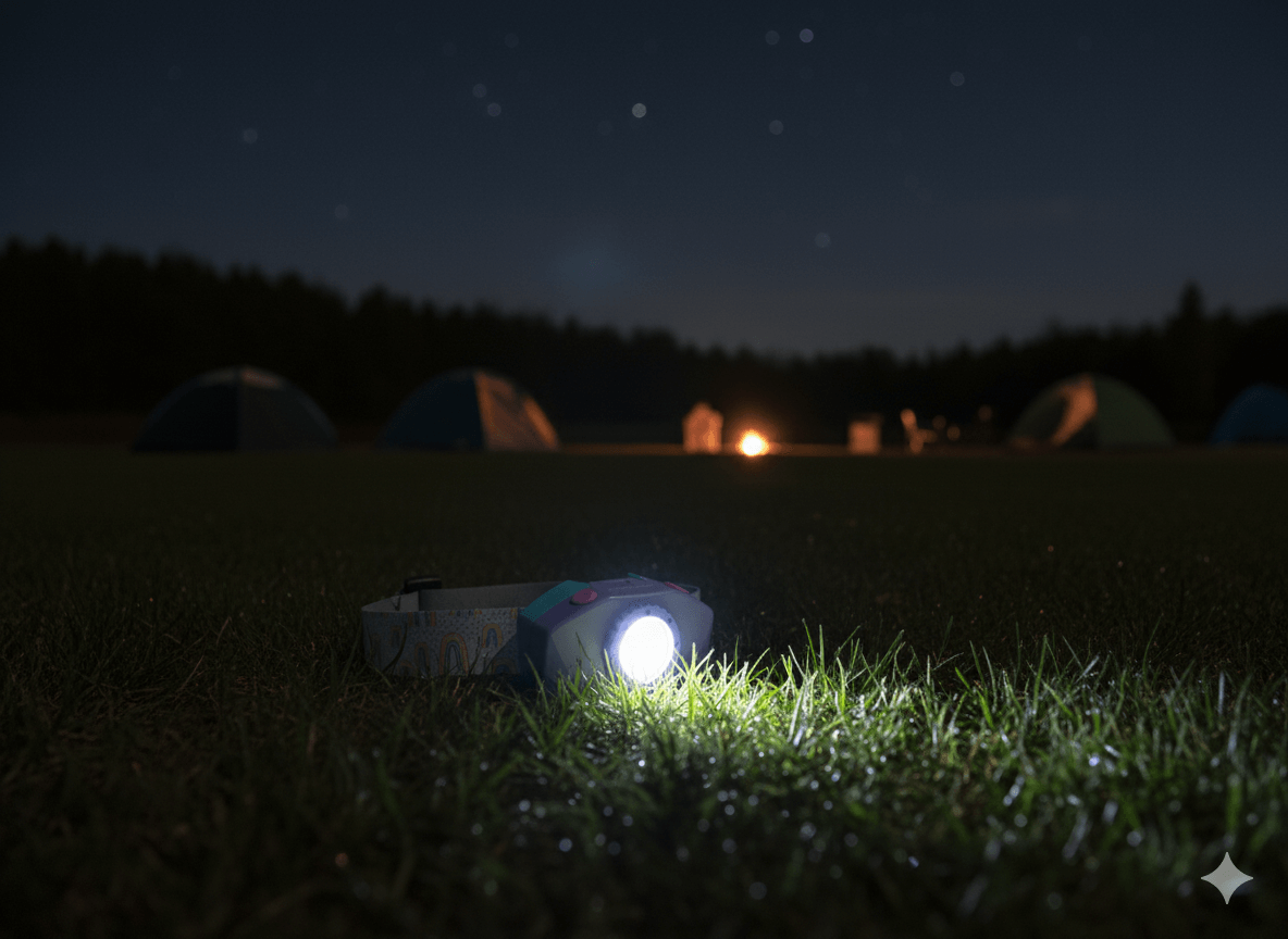 A lightweight, colourful head torch suitable for kids.
