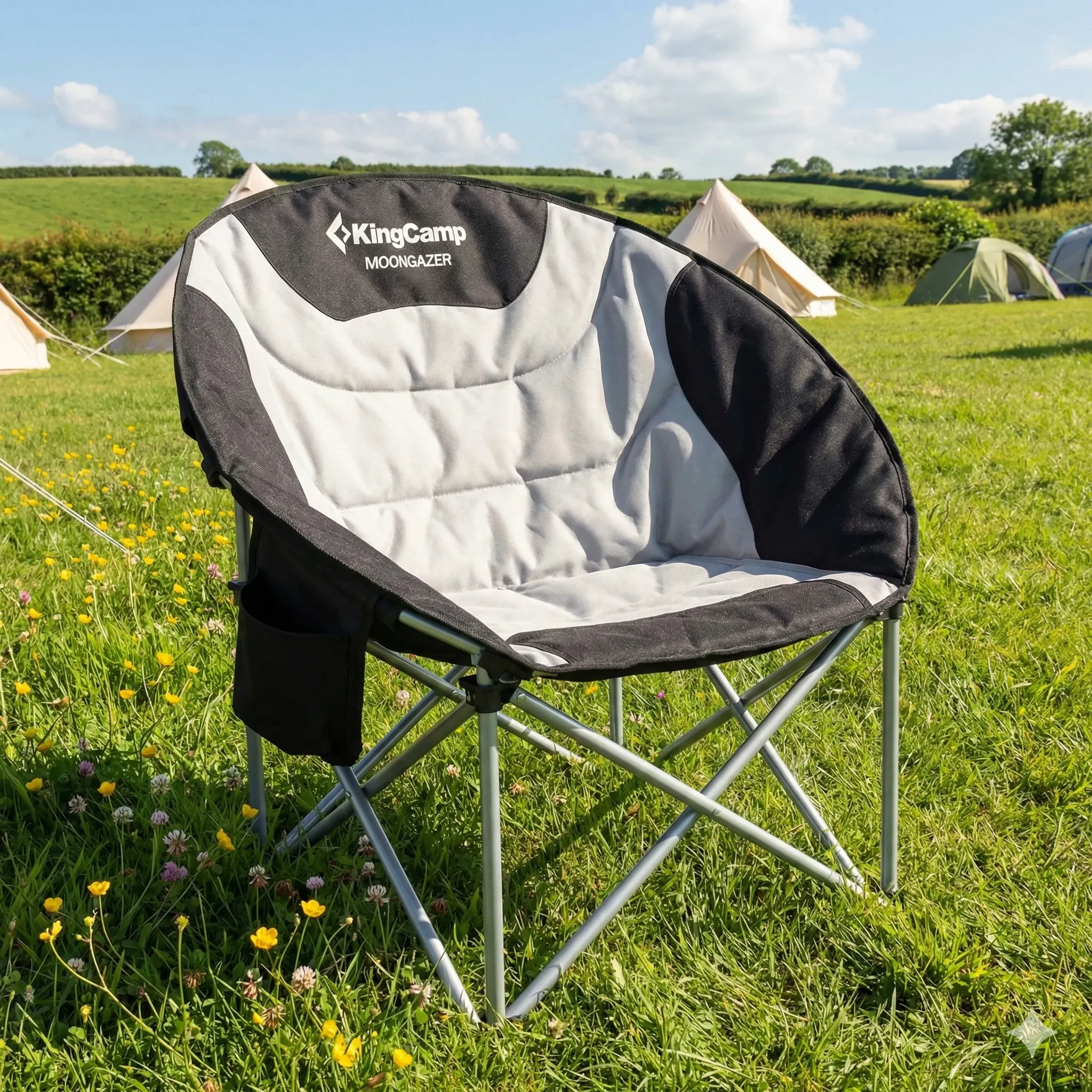 The KingCamp Low Padded Round Chair, a comfortable 'moon' style seat.
