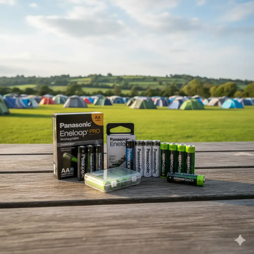 A set of rechargeable AA batteries in a charger.