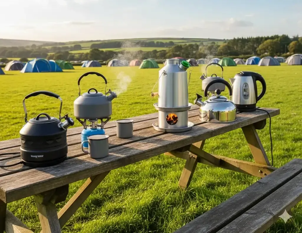 A lightweight camping kettle boiling on a gas stove outdoors.