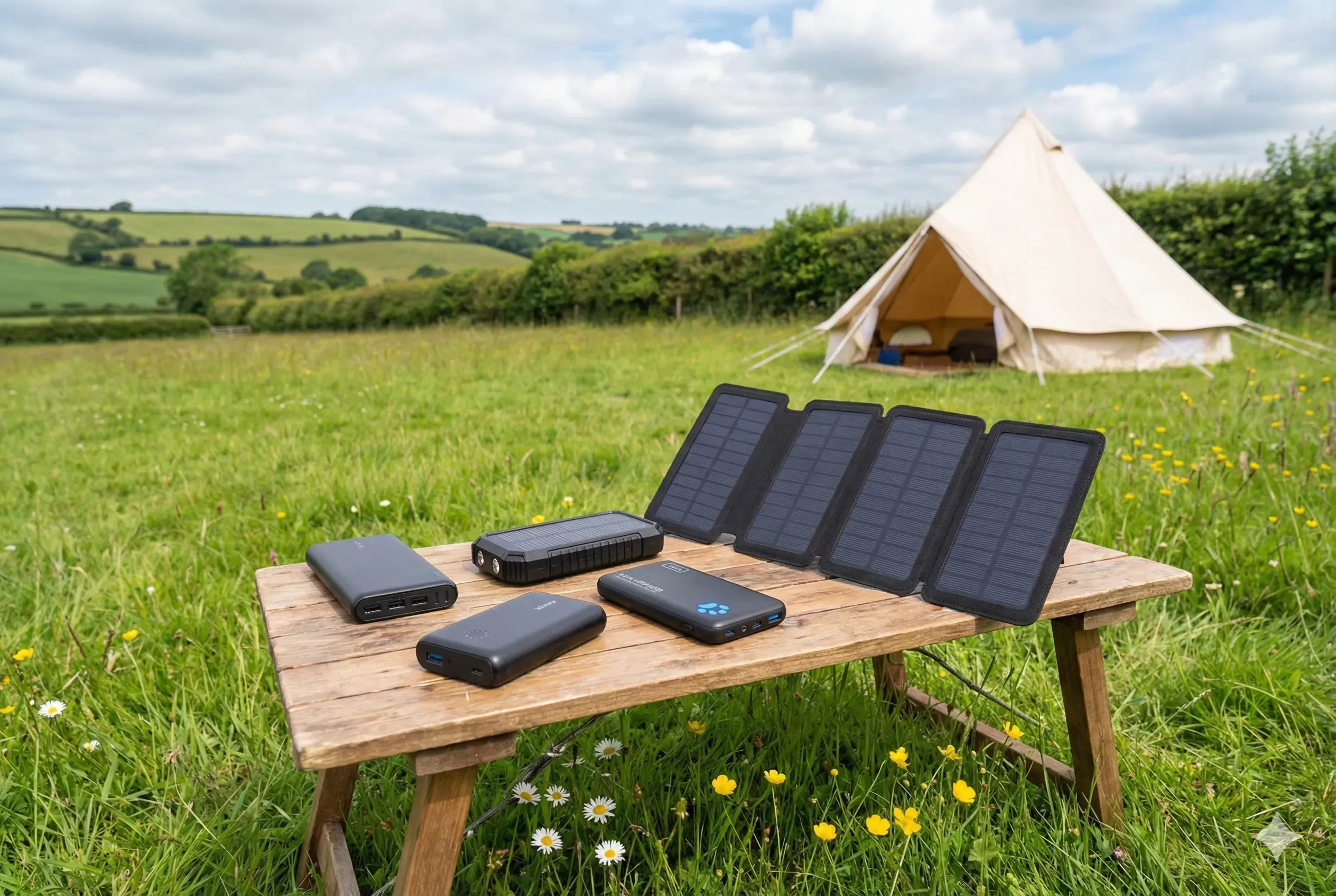 Power bank charging phone on campsite table