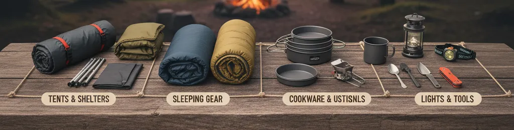 Various camping gear neatly arranged by category - tents, sleeping bags, cooking gear etc.