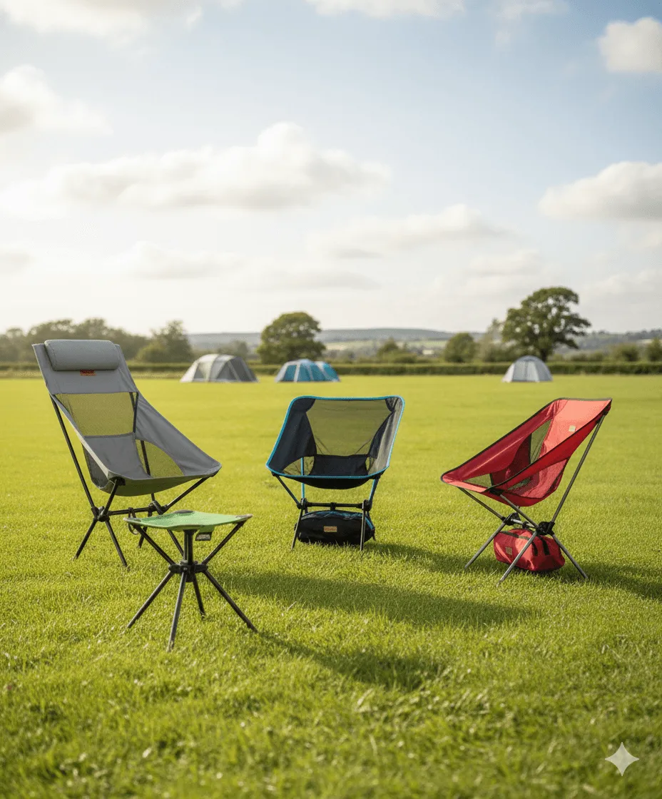 A collection of budget-friendly camping chairs around a fire.