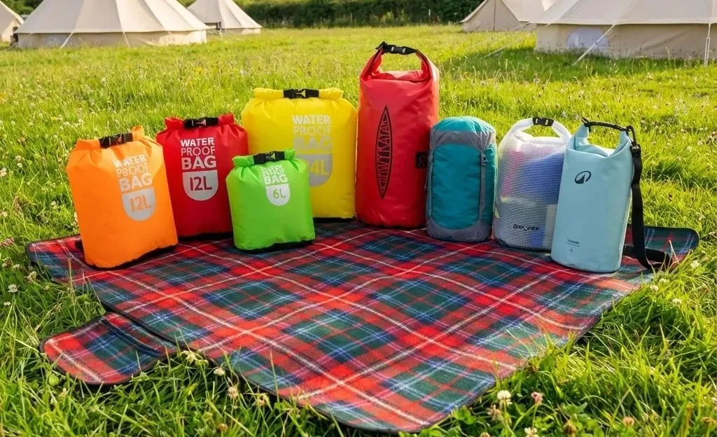 Several waterproof dry bags packed for a camping trip