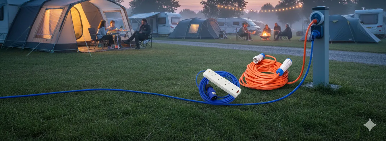 A blue camping electric hook up cable plugged into a campsite bollard.