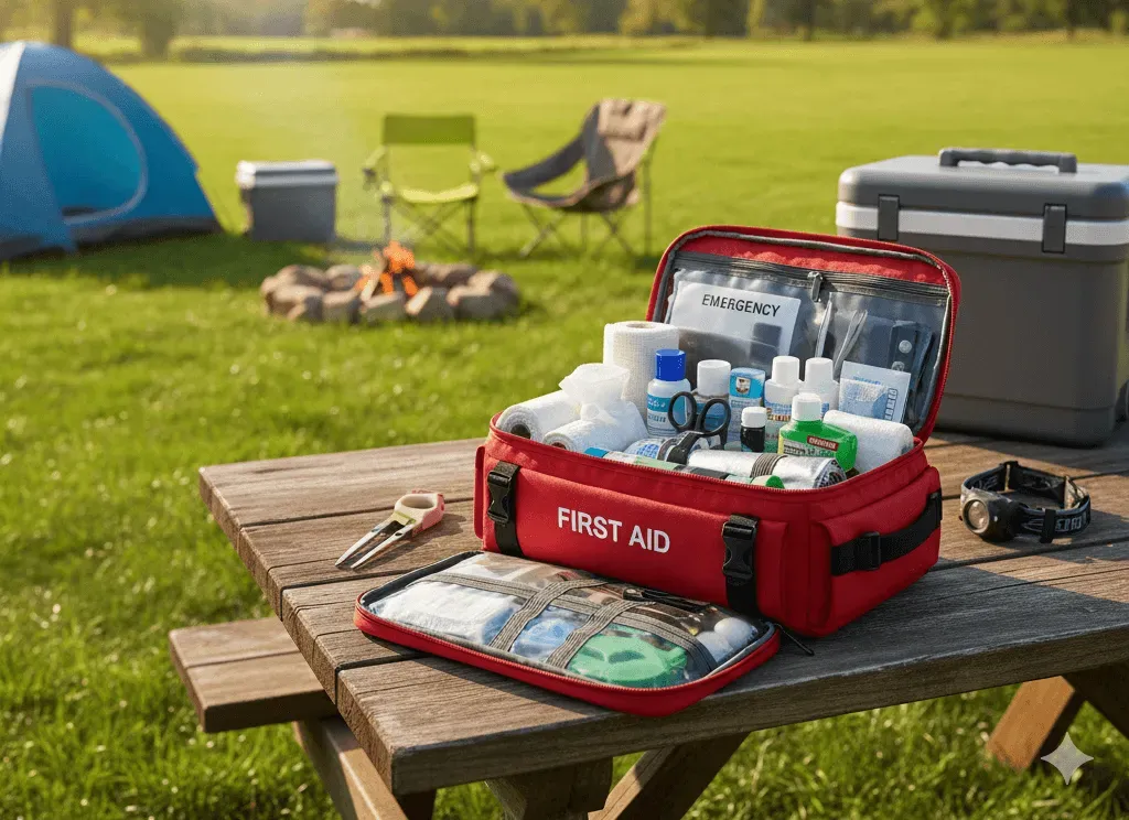 A well-stocked camping first aid kit laid open on the grass.