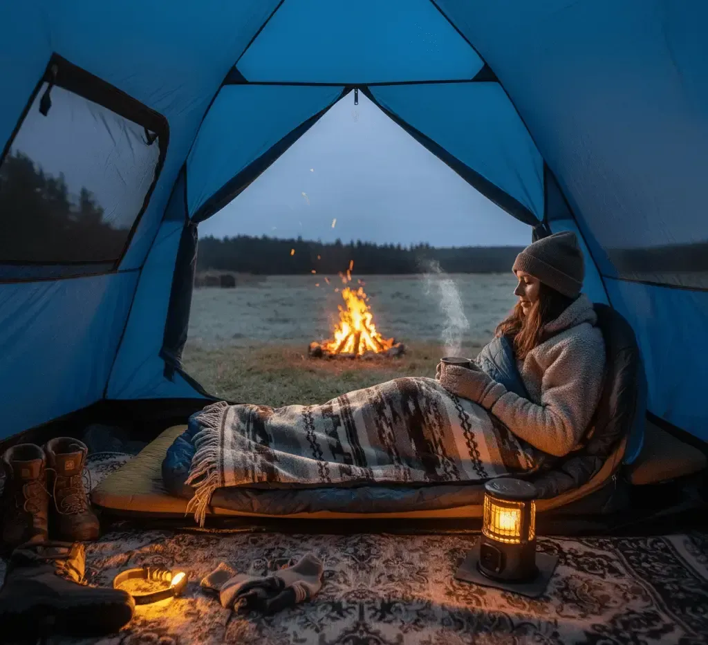 A person looking warm and cosy inside a sleeping bag.