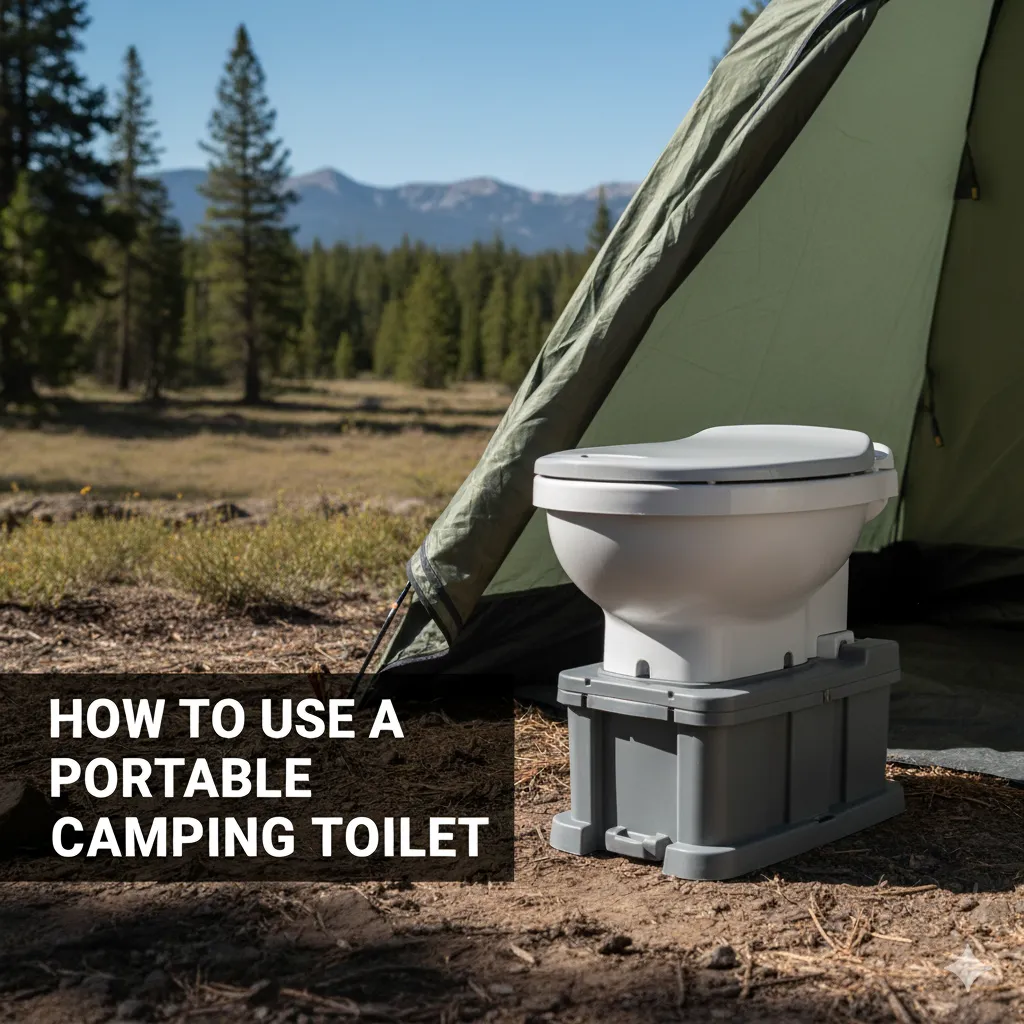 A portable camping toilet in a utility tent.