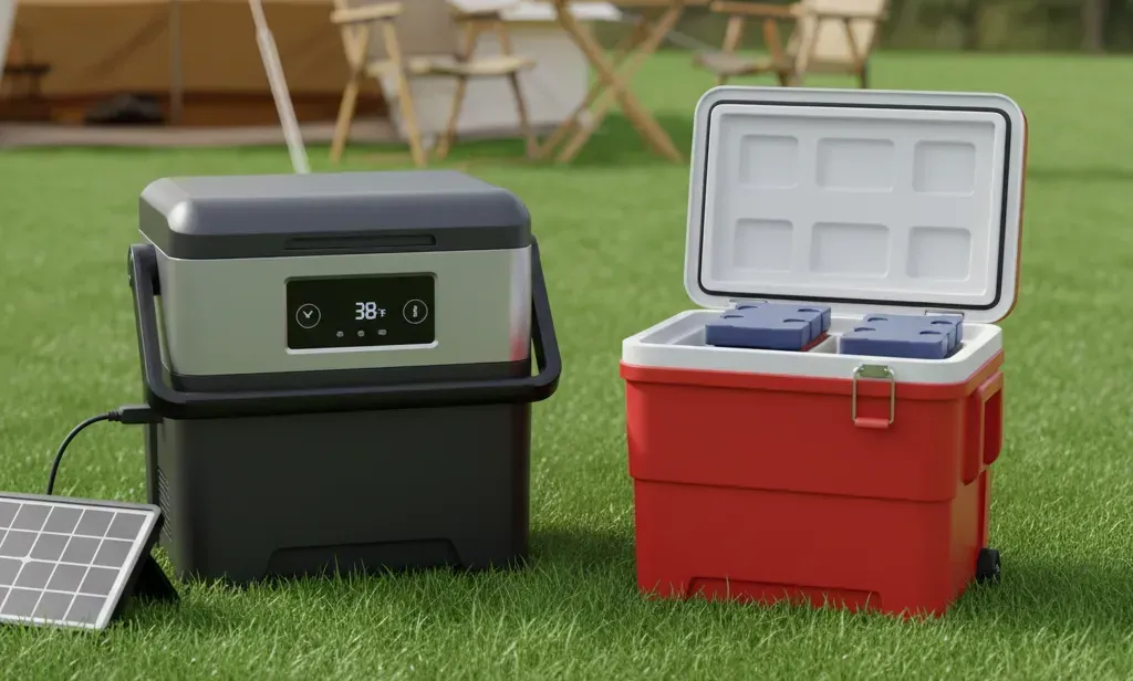 A gas lantern next to a portable power station at a campsite.