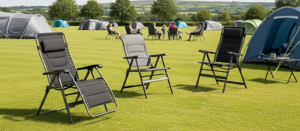 A person relaxing in a reclining camping chair.