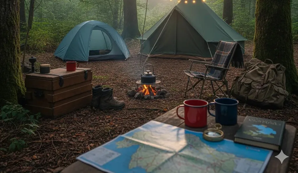 Various camping gear items like a tent, sleeping bag, stove, and lantern arranged neatly.