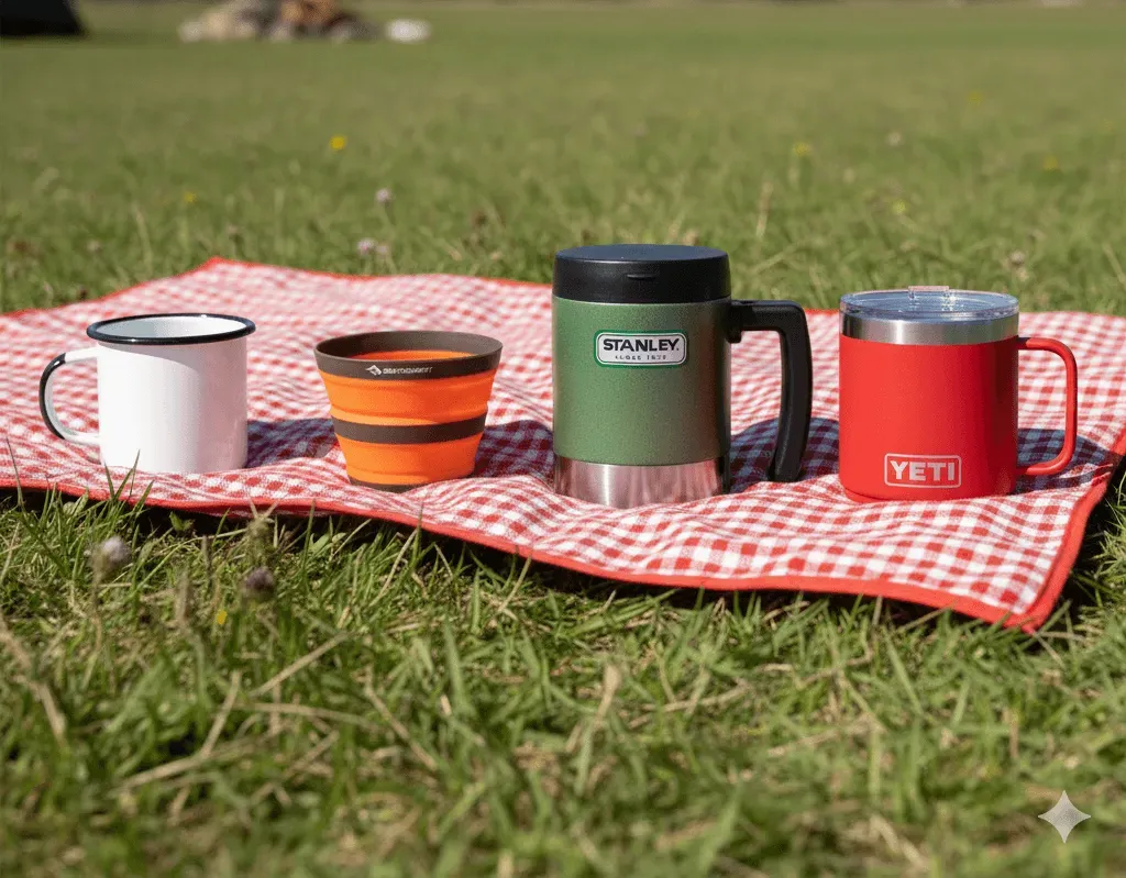 camping mugs at a campsite.