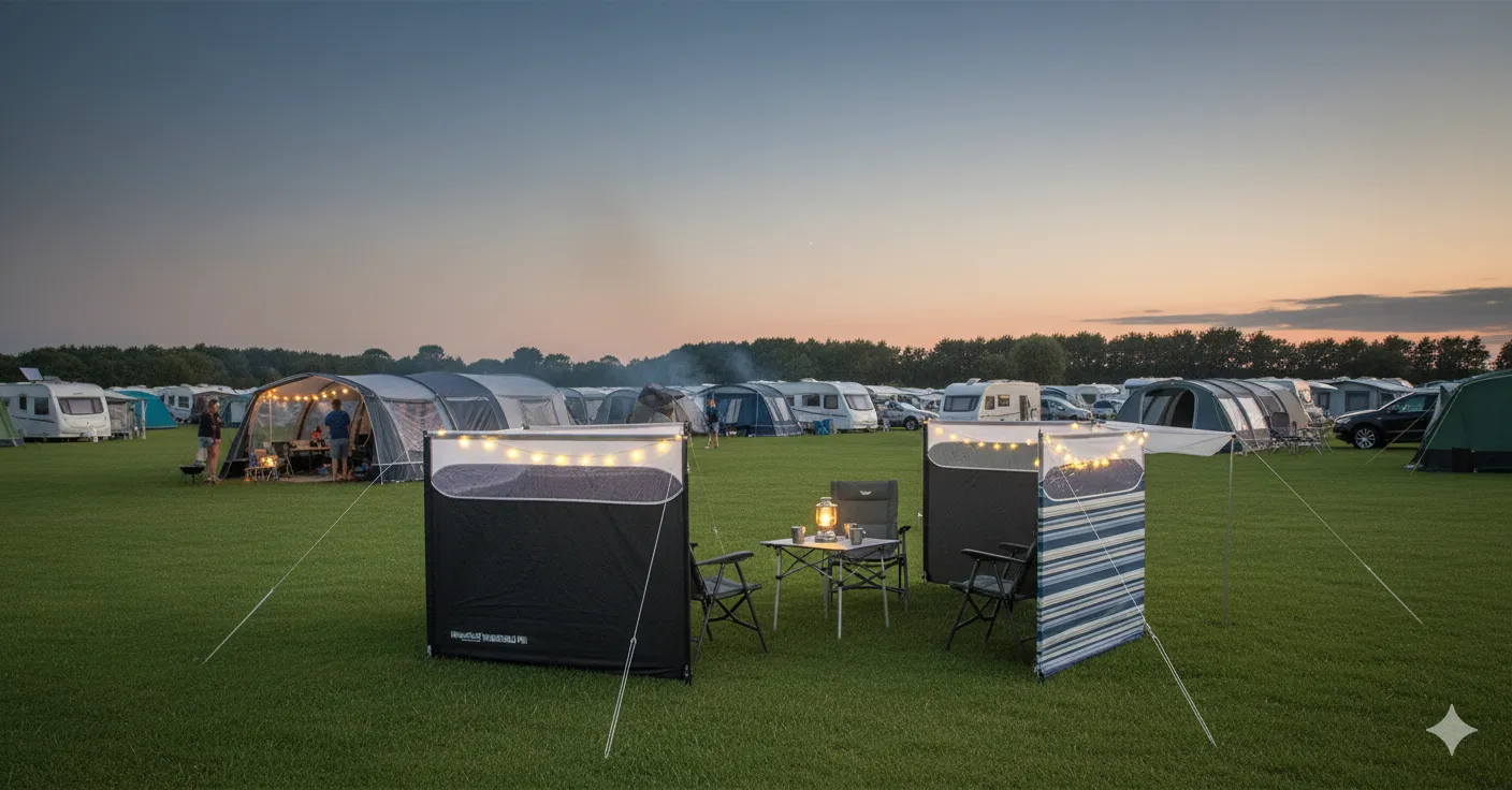 A large camping windbreak set up on a grassy pitch protecting a tent.