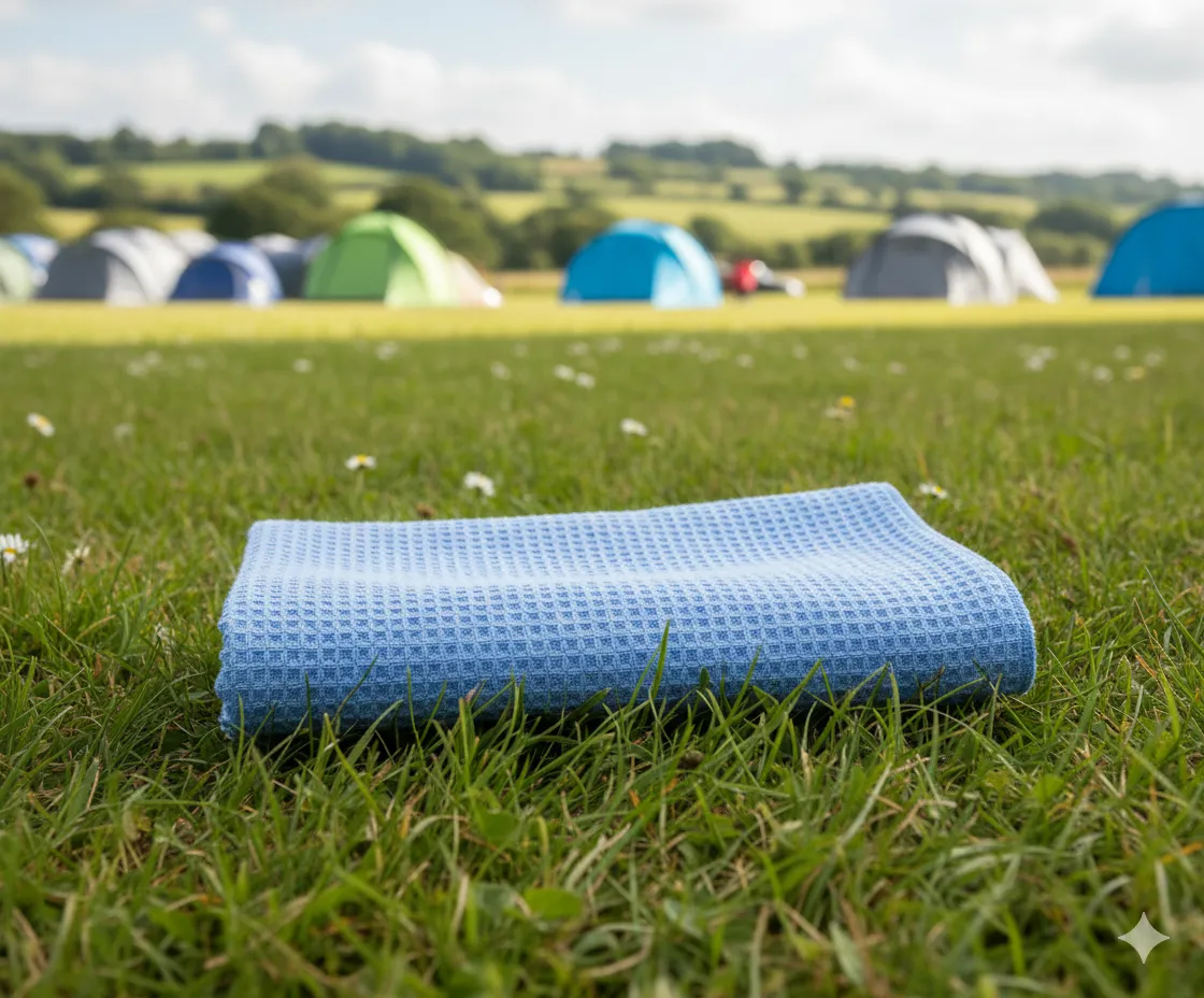 A large, soft-looking microfibre towel with a plush texture.