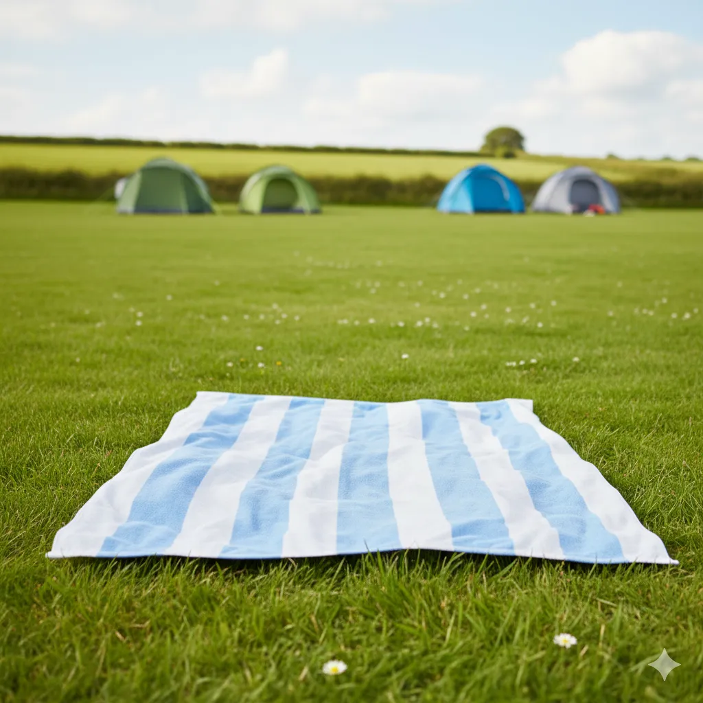 An extra large microfibre towel with a bright pattern, laid out on a sandy beach.