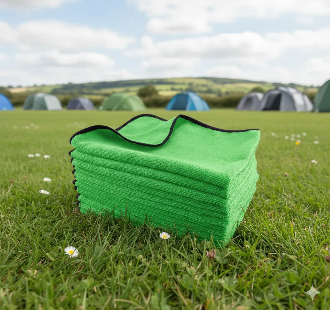 A classic, smooth microfibre towel folded neatly.