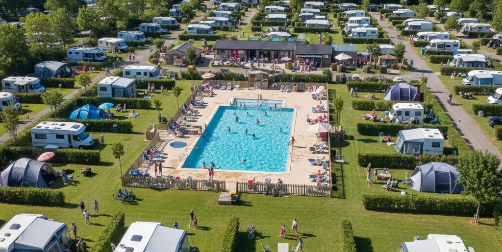 A large family-friendly holiday park with a swimming pool and neatly arranged pitches.