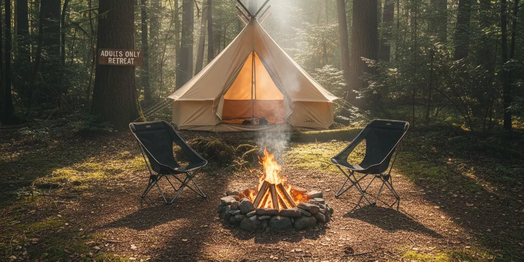 A peaceful, empty campsite with two chairs, representing an adults-only site.