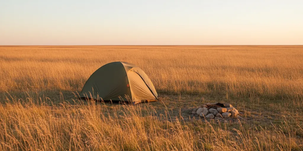 A single tent in a vast, empty field representing a back-to-basics campsite.