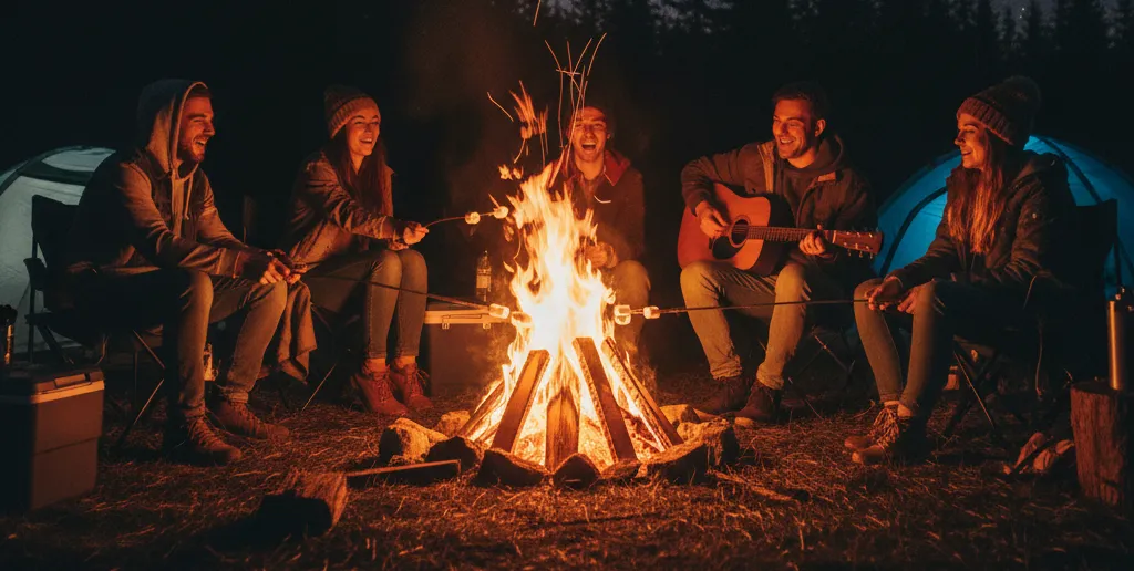 A group of friends sitting around a crackling campfire at their campsite at night.