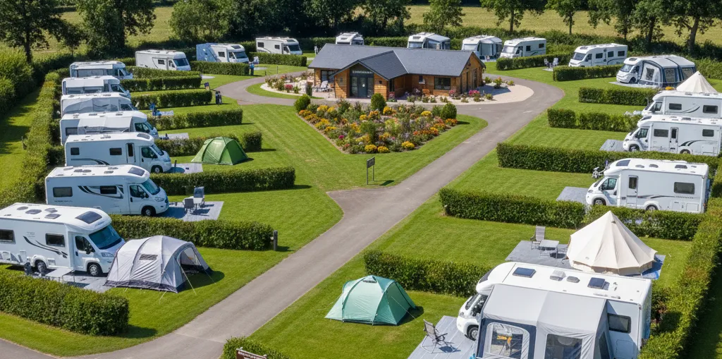 A very neat and tidy campsite with manicured lawns, representing a Club Site.