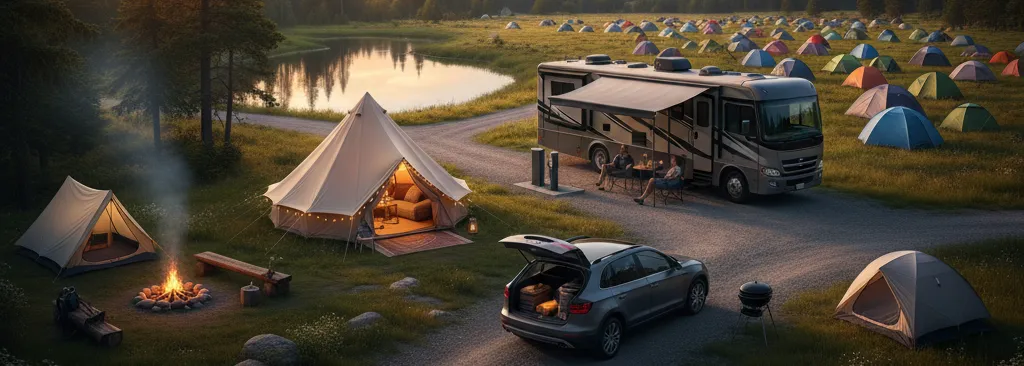 An aerial view of a diverse campsite with tents, caravans, and trees.