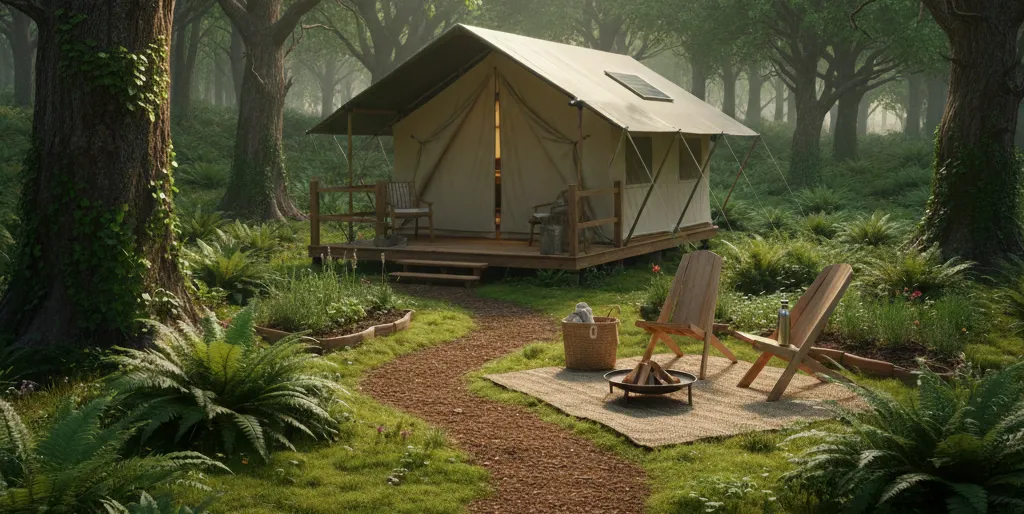 A tent in a lush, green woodland setting, for an eco-campsite.