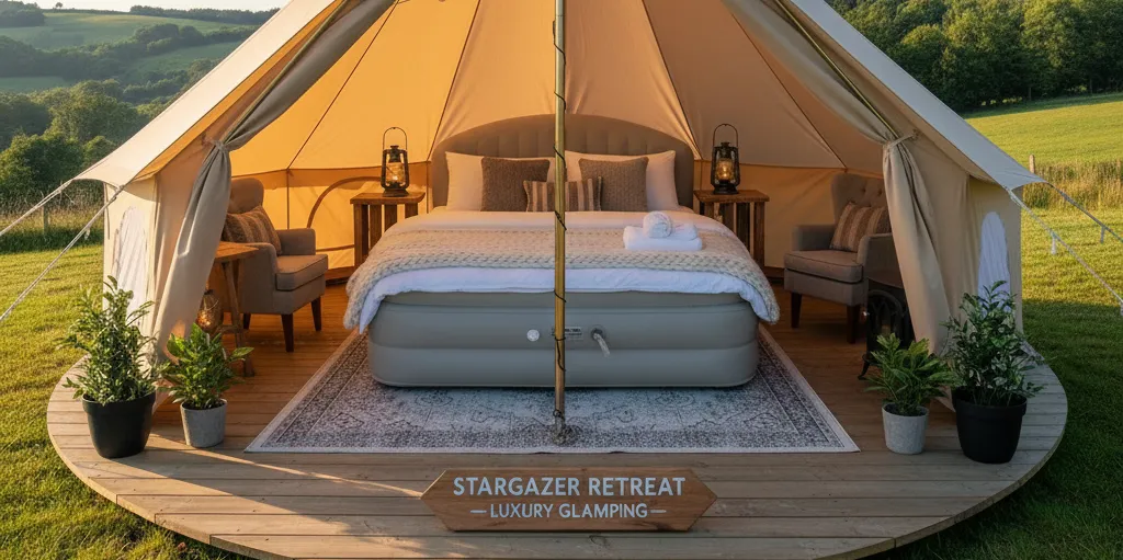 A luxurious bell tent with a proper bed inside, representing a glamping site.