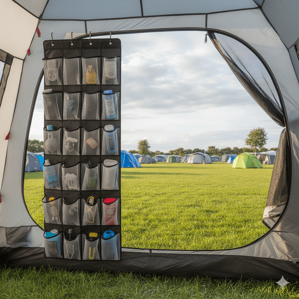 A hanging shoe organiser used for camping storage.