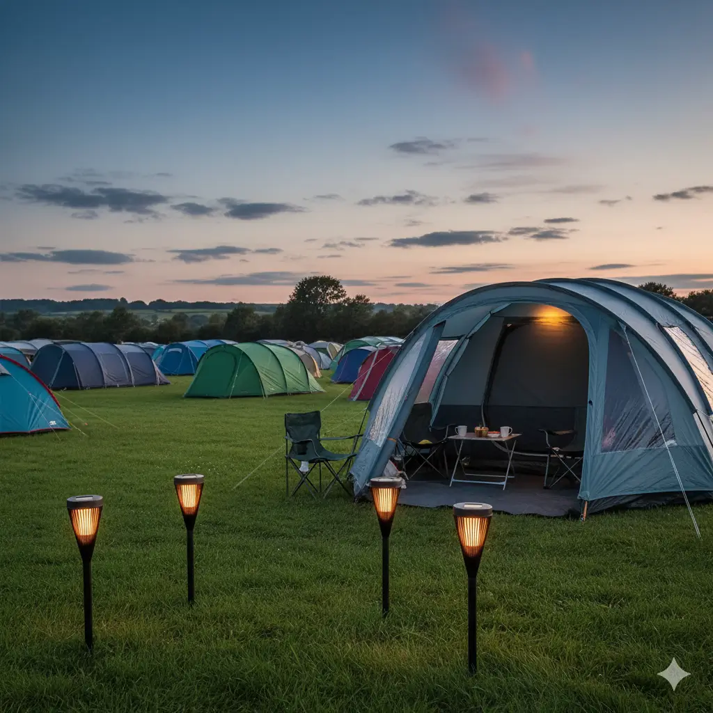 Solar powered stake lights glowing at a campsite at dusk.