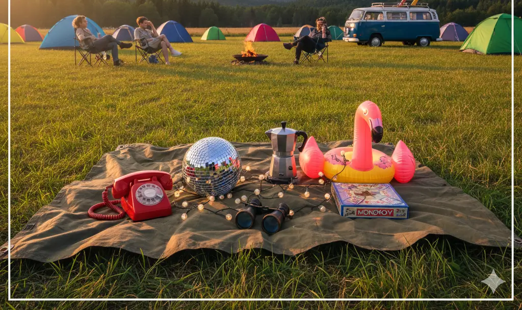 Flat lay of useful household camping items